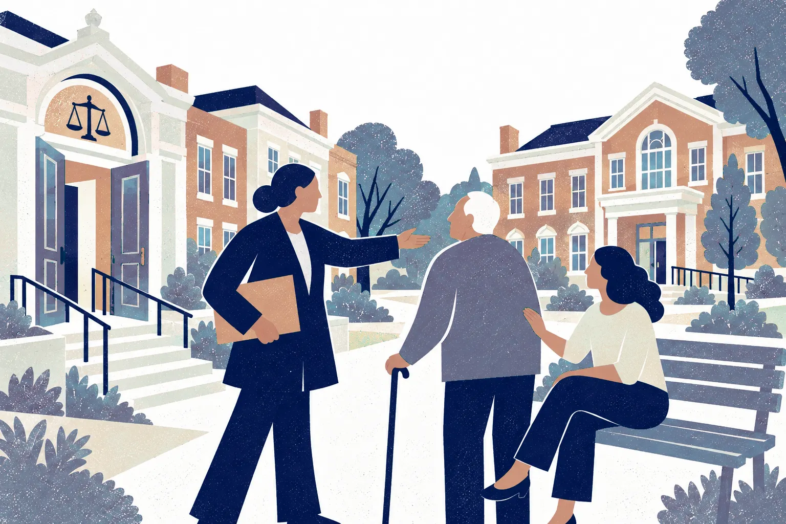 A woman points an older man and a young woman toward a building with scales of justice over the door.